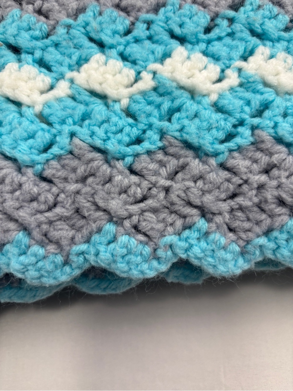 Vintage Handmade Crochet Gray, Aqua and Teal Throw Blanket Afghan Scalloped Edge - Picture 4 of 6